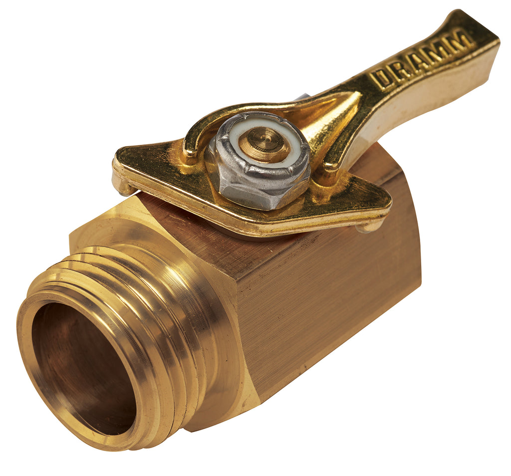 A brass ball valve fitting with a hexagonal body, threaded male connection on one end, and a lever handle on top. Dramm