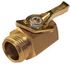 A brass ball valve fitting with a hexagonal body, threaded male connection on one end, and a lever handle on top. Dramm