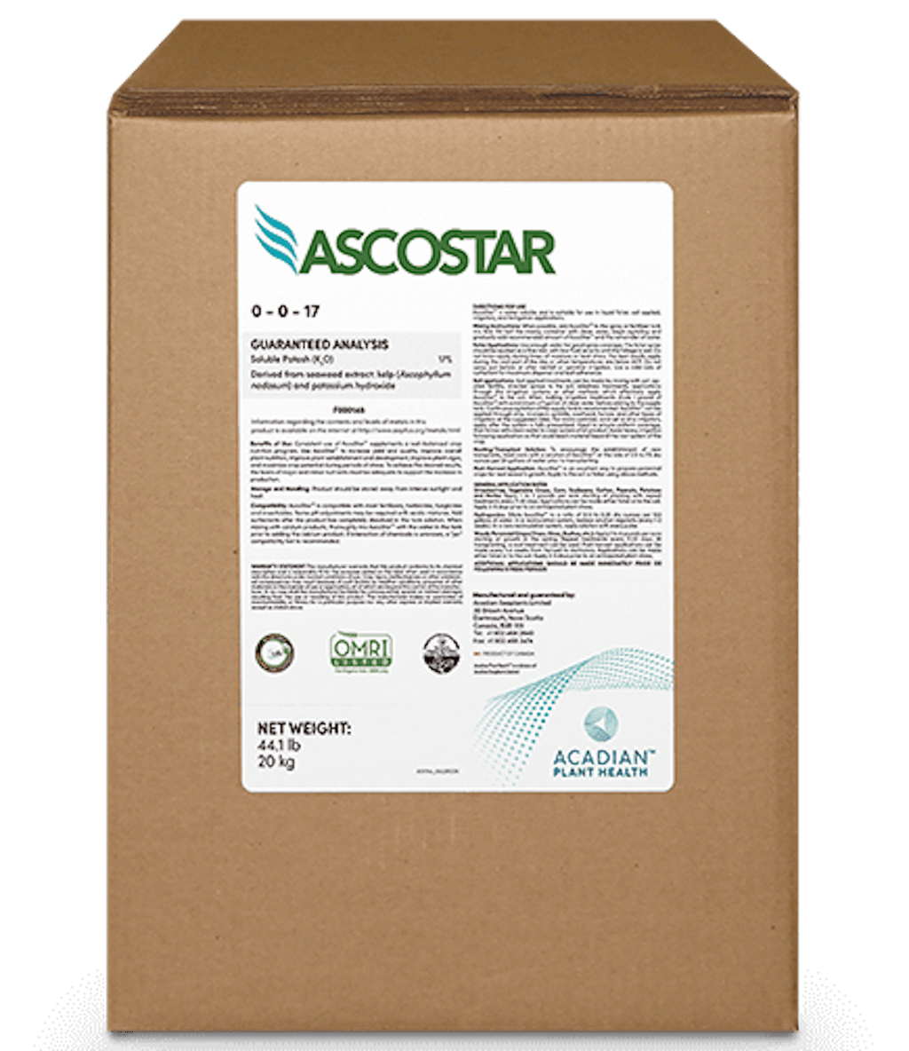 A large brown cardboard box of Ascostar 0-0-17 fertilizer, featuring a white label with green and blue branding 