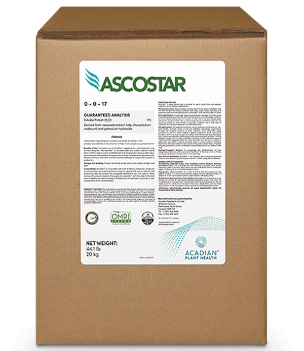 A large brown cardboard box of Ascostar 0-0-17 fertilizer, featuring a white label with green and blue branding 