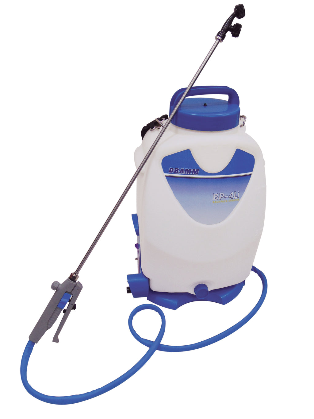 White and blue Dramm backpack sprayer on a white background