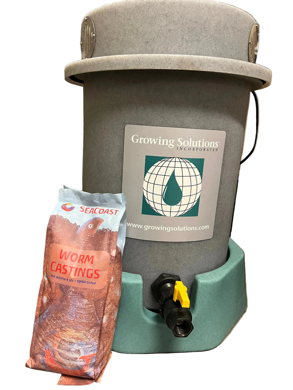 SeaCoast Worm castings bag next to compost tea machine by growing solutions