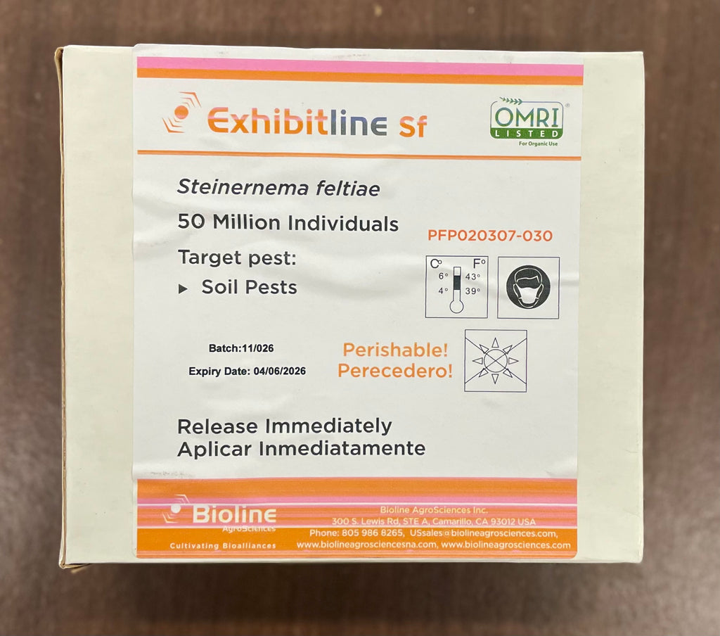 Box of Exhibitline SF biological control product on a brown background