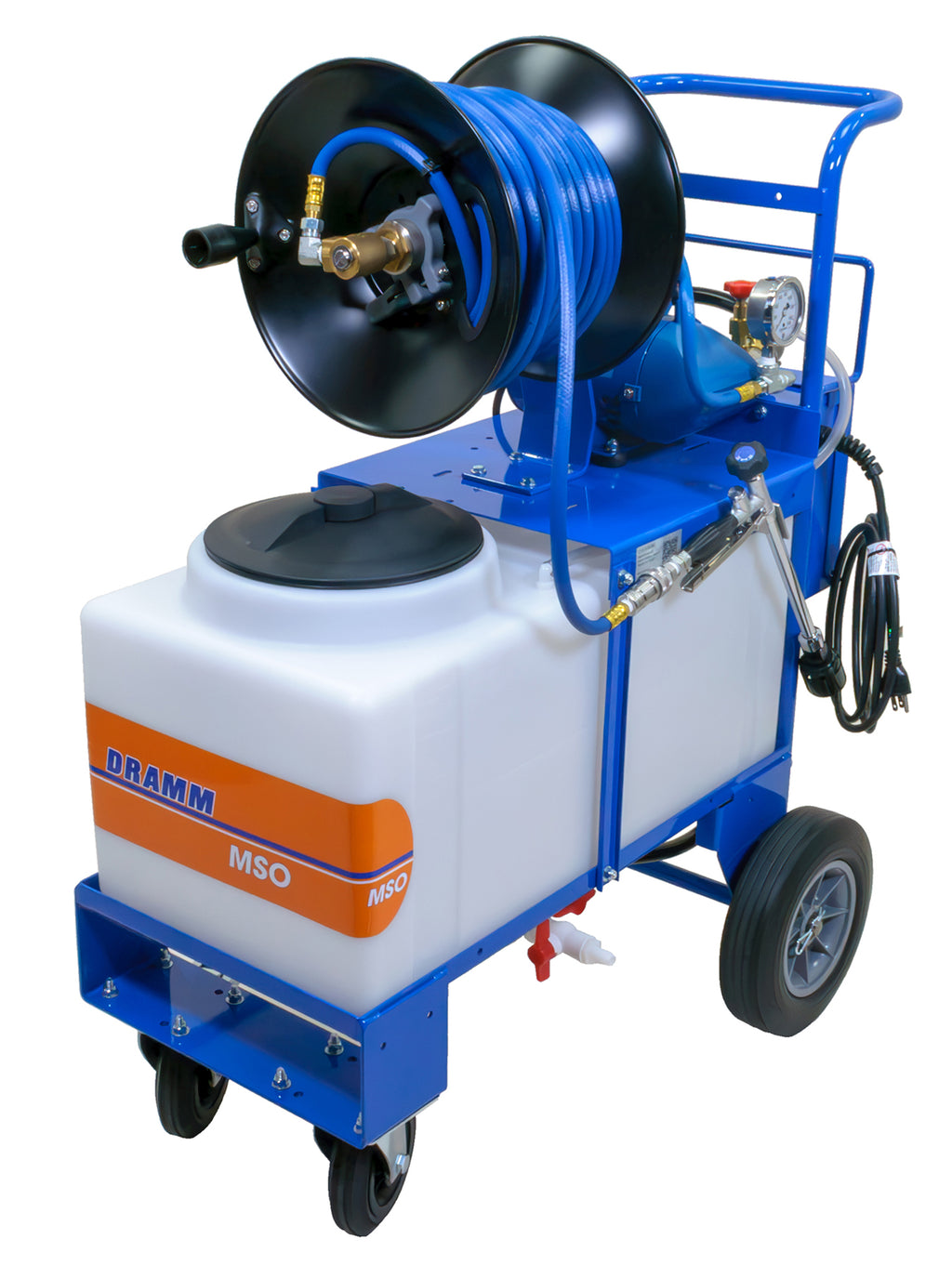 A Dramm MSO high-pressure hose washer and pressure washer cart on a white background. The cart features a blue frame, a white tank with an orange Dramm logo stripe, a large black hose reel with blue hose, and black wheels.