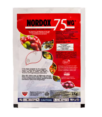 A 1kg stand-up pouch of Nordox 75 WG fruit protectant, featuring a white and red design with illustrations of fruits and a caution label at the bottom.