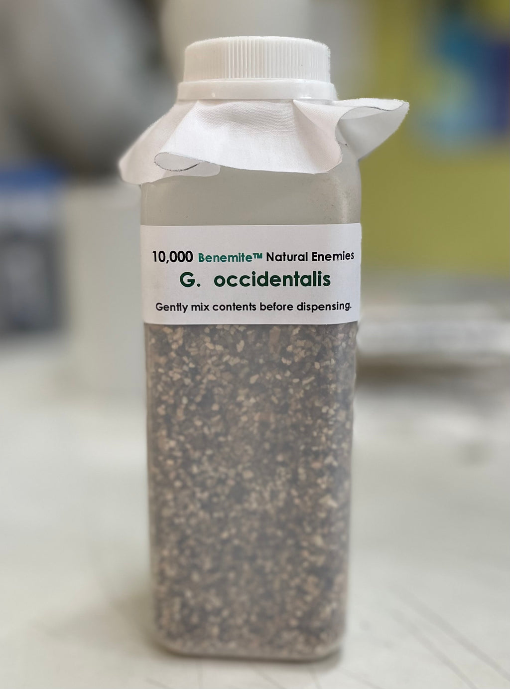 Bottle of G. occidentalis with a white cap 10k.
